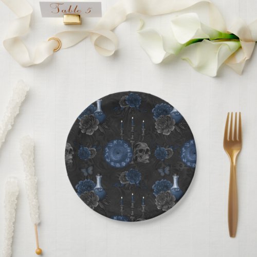 Zodiac Magic  Dark Navy Blue Gothic Skull Roses Paper Plates