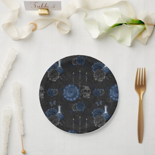 Zodiac Magic | Dark Navy Blue Gothic Skull Roses Paper Plates (Wedding)