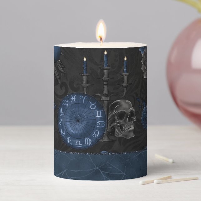 Zodiac Magic | Dark Navy Blue Gothic Skull Roses Pillar Candle (In Situ)