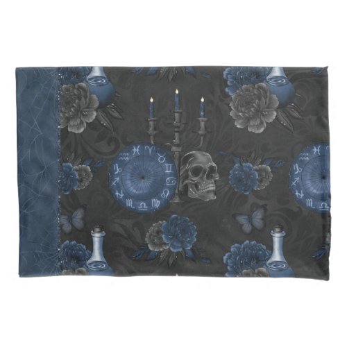 Zodiac Magic  Dark Navy Blue Gothic Skull Roses Pillow Case