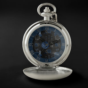 Zodiac Magic   Dark Navy Blue Gothic Skull Roses Pocket Watch