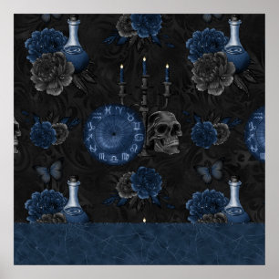 Zodiac Magic   Dark Navy Blue Gothic Skull Roses Poster