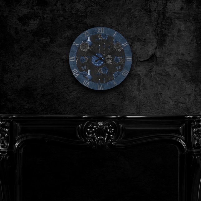 Zodiac Magic | Dark Navy Blue Gothic Skull Roses Round Clock (Creator Uploaded)