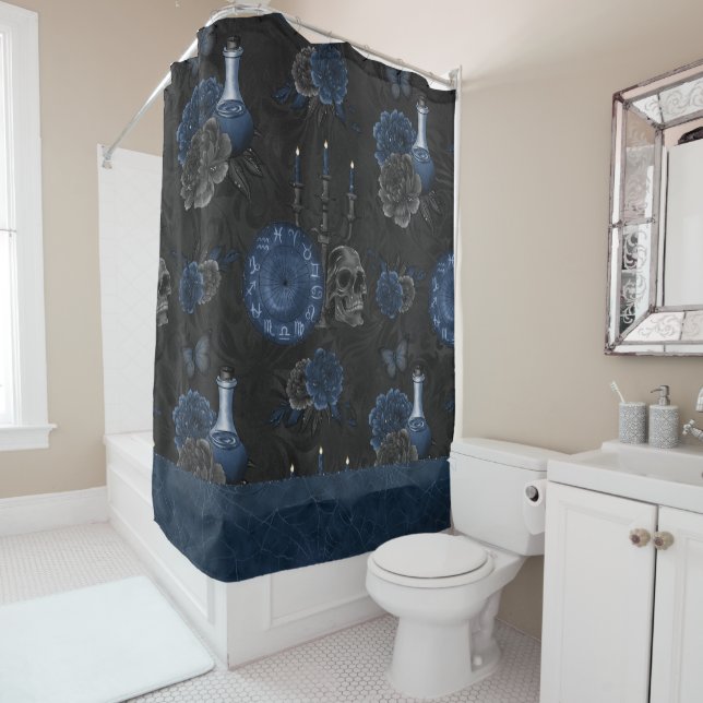 Zodiac Magic | Dark Navy Blue Gothic Skull Roses Shower Curtain (In Situ)