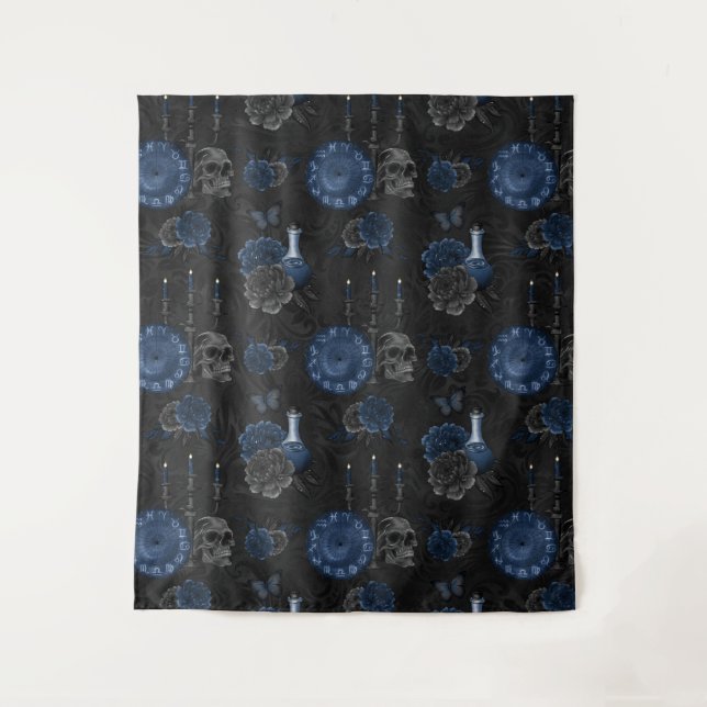 Zodiac Magic | Dark Navy Blue Gothic Skull Roses Tapestry (Front)