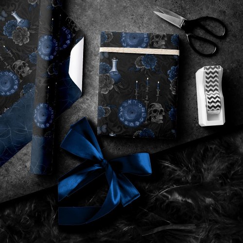 Zodiac Magic  Dark Navy Blue Gothic Skull Roses Wrapping Paper