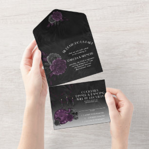 Zodiac Magic Dark Purple Gothic Skull Roses All In One Invitation