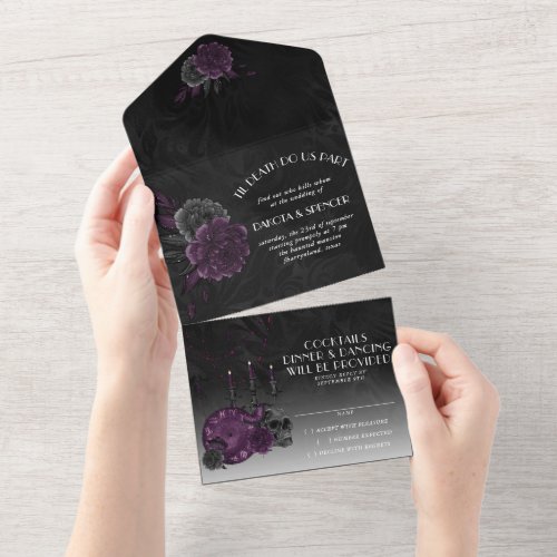 Zodiac Magic  Dark Purple Gothic Skull Roses All In One Invitation