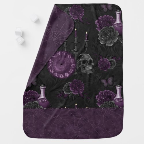 Zodiac Magic  Dark Purple Plum Gothic Skull Roses Baby Blanket