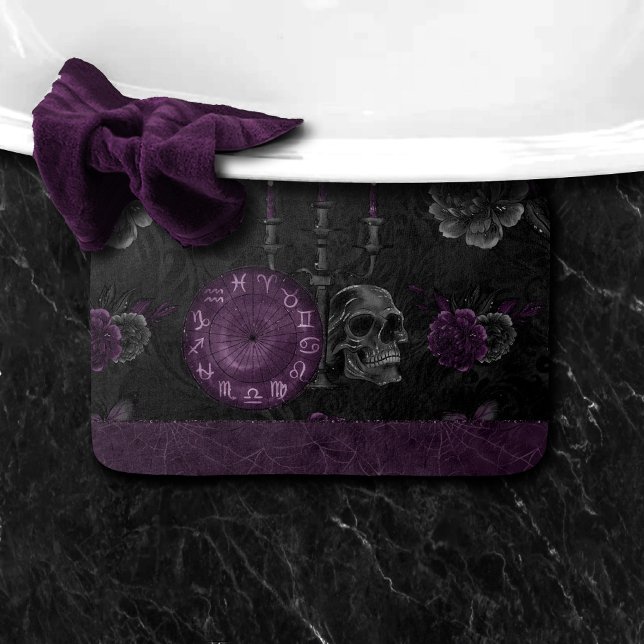 Zodiac Magic | Dark Purple Plum Gothic Skull Roses Bath Mat (Creator Uploaded)
