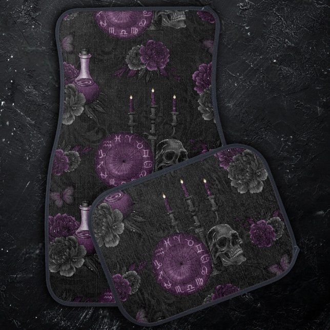 Zodiac Magic | Dark Purple Plum Gothic Skull Roses Car Floor Mat (Creator Uploaded)