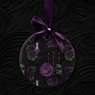 Zodiac Magic   Dark Purple Plum Gothic Skull Roses Ceramic Ornament