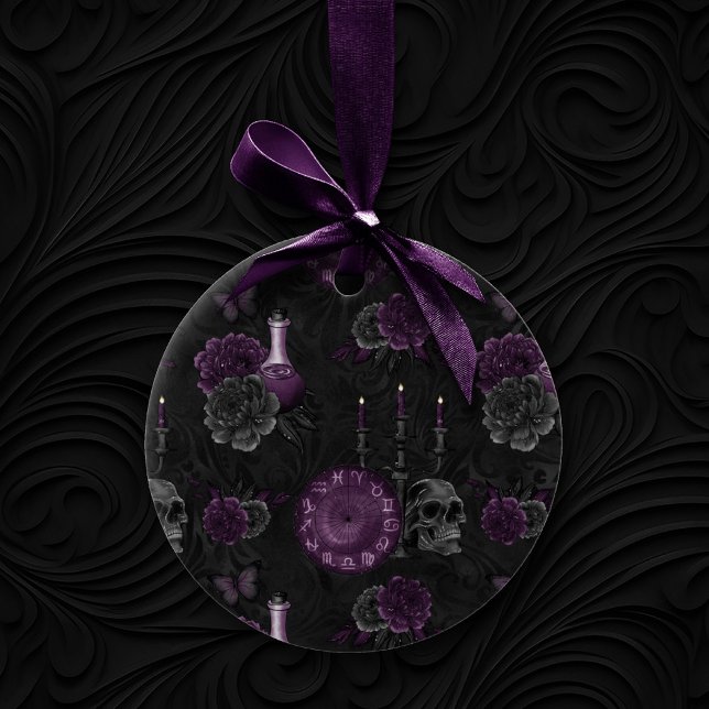 Zodiac Magic | Dark Purple Plum Gothic Skull Roses Ceramic Ornament (Creator Uploaded)