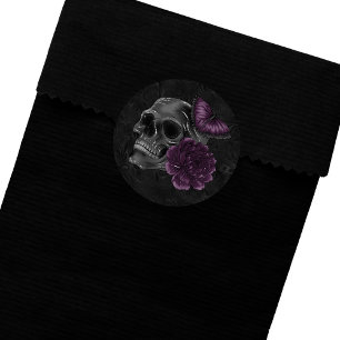 Zodiac Magic Dark Purple Plum Gothic Skull Roses Classic Round Sticker