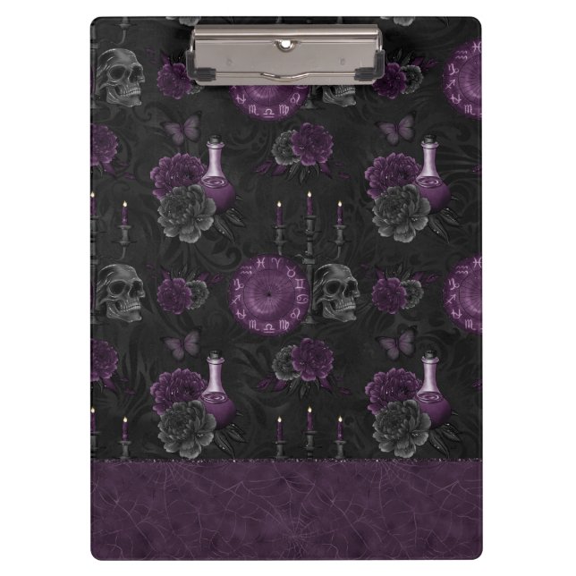 Zodiac Magic | Dark Purple Plum Gothic Skull Roses Clipboard (Front)