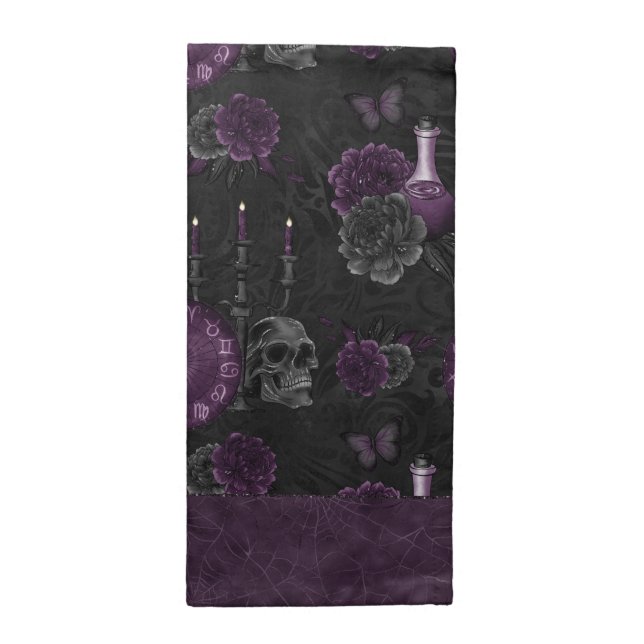 Zodiac Magic | Dark Purple Plum Gothic Skull Roses Cloth Napkin (Half Fold)