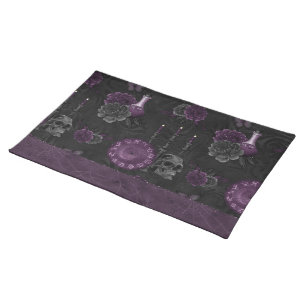 Zodiac Magic Dark Purple Plum Gothic Skull Roses Cloth Placemat