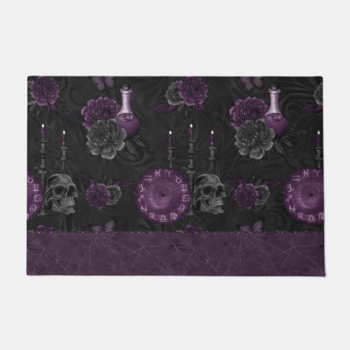 Zodiac Magic  Dark Purple Plum Gothic Skull Roses Doormat