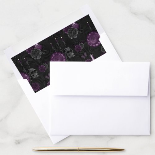 Zodiac Magic  Dark Purple Plum Gothic Skull Roses Envelope Liner