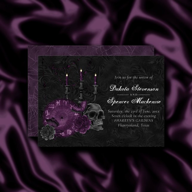 Zodiac Magic | Dark Purple Plum Gothic Skull Roses Invitation (Creator Uploaded)