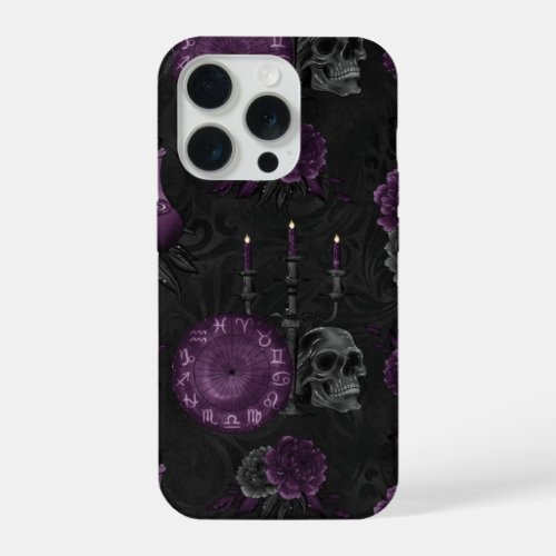 Zodiac Magic  Dark Purple Plum Gothic Skull Roses iPhone 15 Pro Case