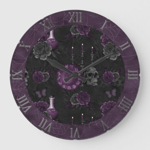 Zodiac Magic  Dark Purple Plum Gothic Skull Roses Large Clock