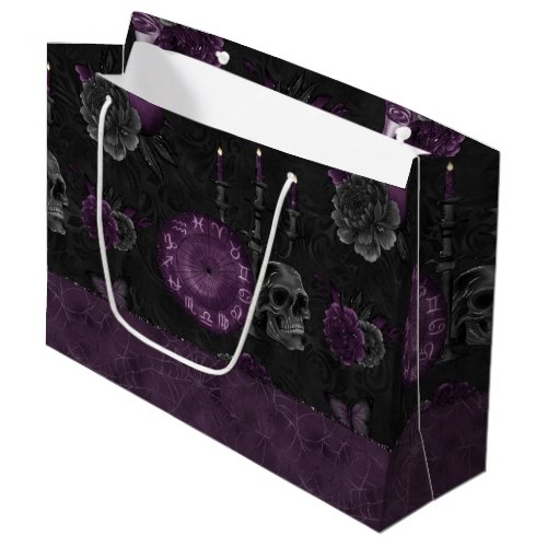 Zodiac Magic  Dark Purple Plum Gothic Skull Roses Large Gift Bag