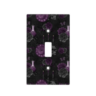 Zodiac Magic   Dark Purple Plum Gothic Skull Roses Light Switch Cover