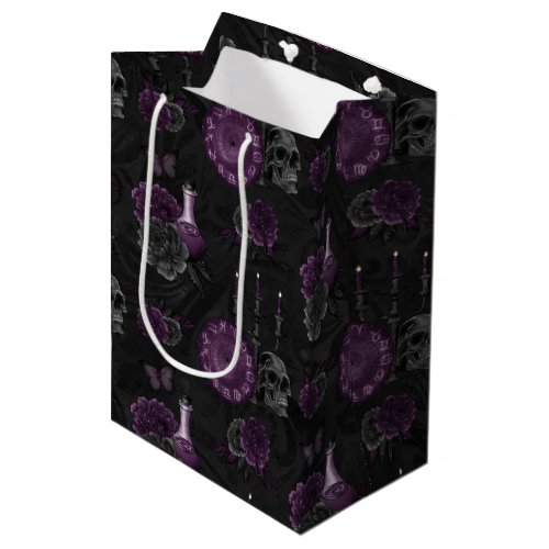 Zodiac Magic  Dark Purple Plum Gothic Skull Roses Medium Gift Bag