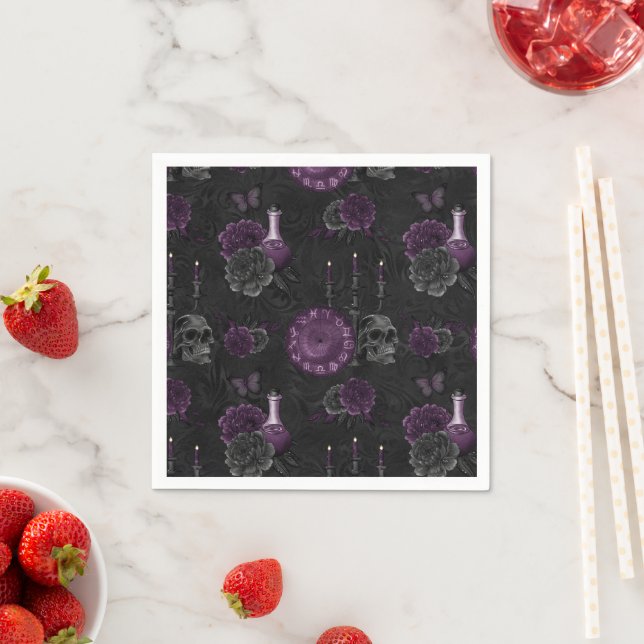 Zodiac Magic | Dark Purple Plum Gothic Skull Roses Napkins (Insitu)
