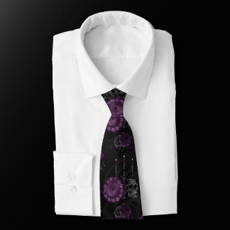 Zodiac Magic | Dark Purple Plum Gothic Skull Roses Neck Tie