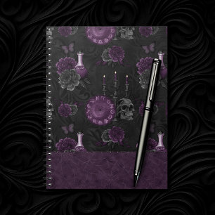 Zodiac Magic   Dark Purple Plum Gothic Skull Roses Notebook
