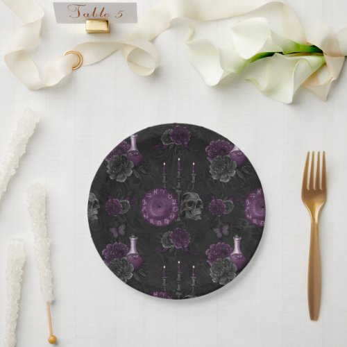 Zodiac Magic  Dark Purple Plum Gothic Skull Roses Paper Plates