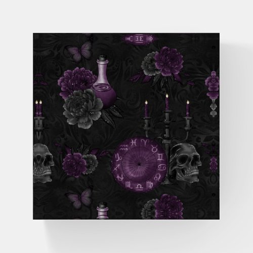 Zodiac Magic  Dark Purple Plum Gothic Skull Roses Paperweight