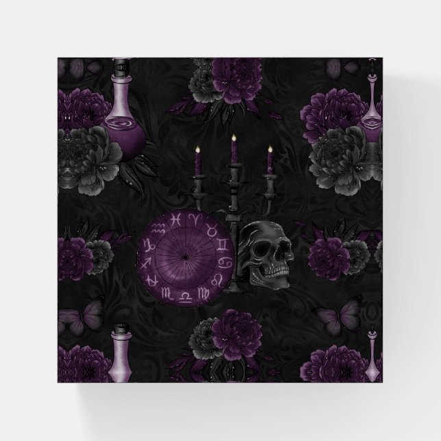 Zodiac Magic | Dark Purple Plum Gothic Skull Roses Paperweight (Front)
