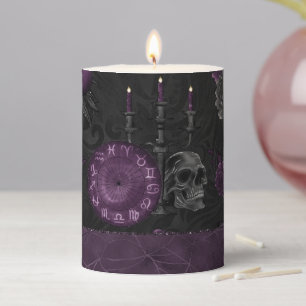 Zodiac Magic Dark Purple Plum Gothic Skull Roses Pillar Candle