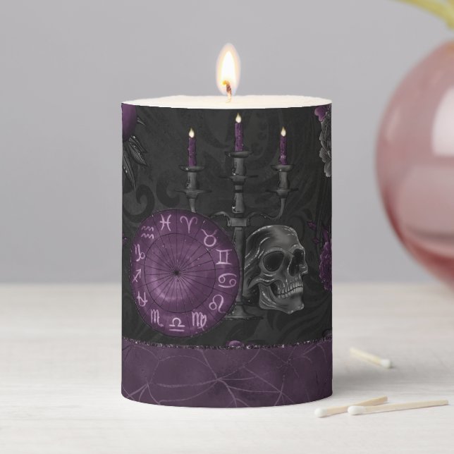 Zodiac Magic | Dark Purple Plum Gothic Skull Roses Pillar Candle (In Situ)