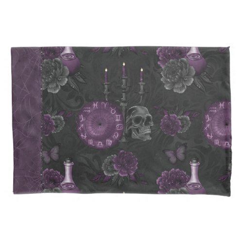 Zodiac Magic  Dark Purple Plum Gothic Skull Roses Pillow Case