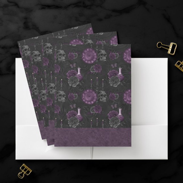 Zodiac Magic | Dark Purple Plum Gothic Skull Roses Pocket Folder (Creator Uploaded)
