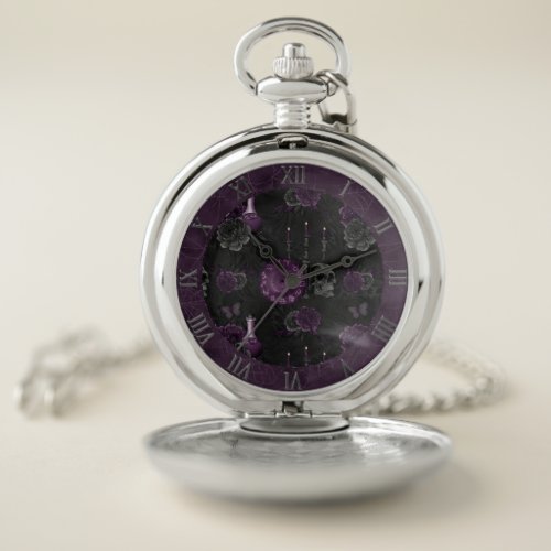 Zodiac Magic  Dark Purple Plum Gothic Skull Roses Pocket Watch