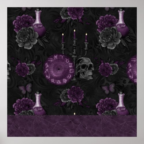 Zodiac Magic  Dark Purple Plum Gothic Skull Roses Poster