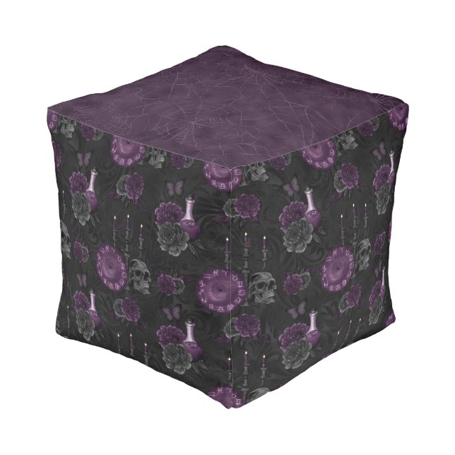 Zodiac Magic | Dark Purple Plum Gothic Skull Roses Pouf (Angled Front)