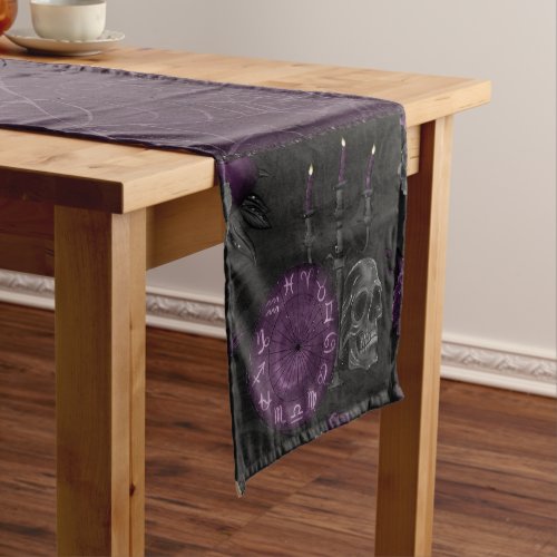 Zodiac Magic  Dark Purple Plum Gothic Skull Roses Short Table Runner