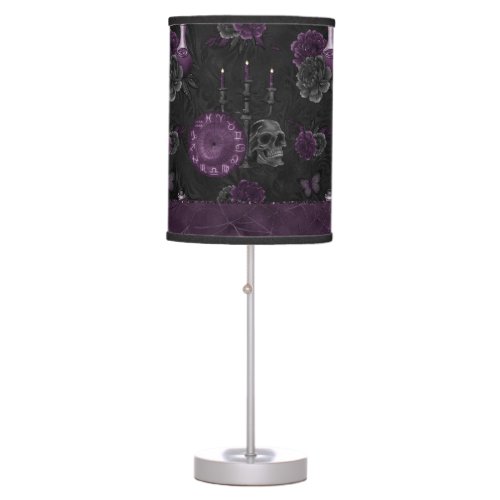 Zodiac Magic  Dark Purple Plum Gothic Skull Roses Table Lamp