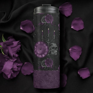 Zodiac Magic Dark Purple Plum Gothic Skull Roses Thermal Tumbler