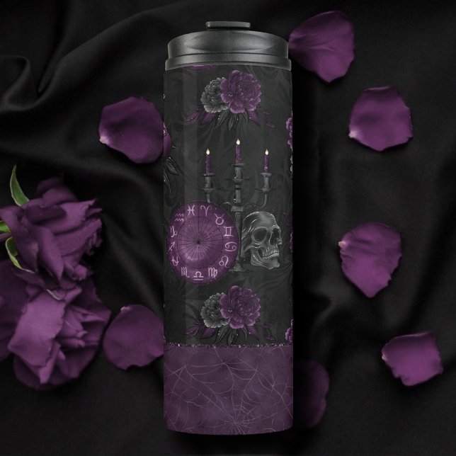 Zodiac Magic | Dark Purple Plum Gothic Skull Roses Thermal Tumbler (Creator Uploaded)