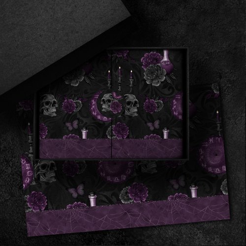 Zodiac Magic  Dark Purple Plum Gothic Skull Roses Tissue Paper