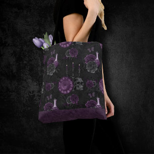 Zodiac Magic   Dark Purple Plum Gothic Skull Roses Tote Bag