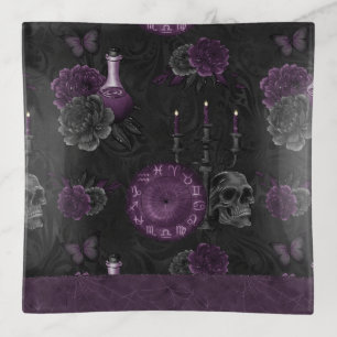 Zodiac Magic   Dark Purple Plum Gothic Skull Roses Trinket Tray