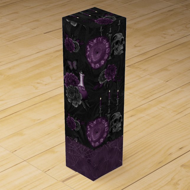 Zodiac Magic | Dark Purple Plum Gothic Skull Roses Wine Box (Front)